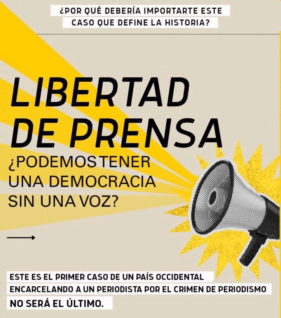 Por qué debería importarte este caso que define la historia? Libertad de prensa! Podemos tener una democracia sin una voz? Este es el primer caso de un país occidental encarcelando a un periodista por el crimen de periodismo. No será el último.